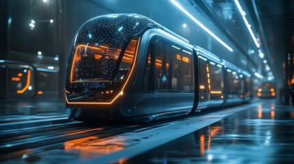 Fototapeta premium efficient public transport solutions, Modern Urban Train in Futuristic Station with Neon Lights and Reflections