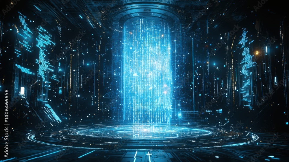 Poster a futuristic scene featuring a bright blue portal surrounded by digital patterns and glowing element