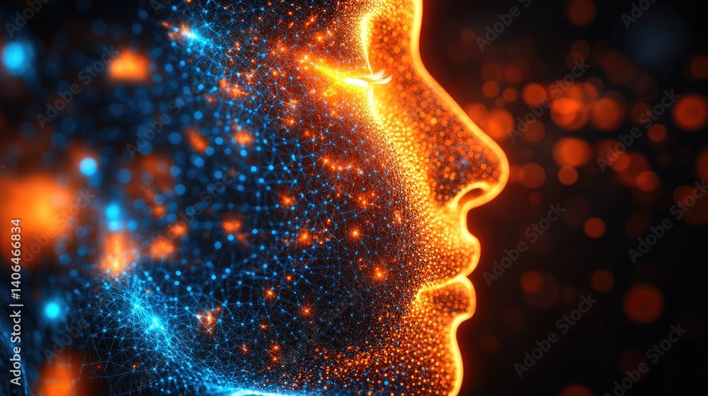 Sticker glowing face profile with dots and connecting lines. digital and vivid