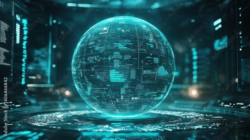 Aufkleber a futuristic, glowing digital globe surrounded by data displays, representing advanced technology an