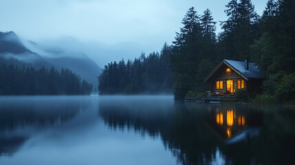 Fototapeta premium Warm lights from wooden cabin reflecting on calm lake at dusk