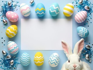 Easter party. Top view photo of easter bunny ears white pink blue, yellow eggs and confetti 4
