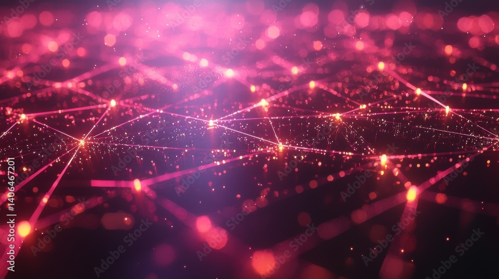 Poster a digital abstract background featuring glowing pink lines and sparkling dots, creating a network-li