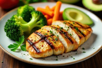 Grilled Chicken Breast with Broccoli, Carrots, and Avocado Slices on a Plate