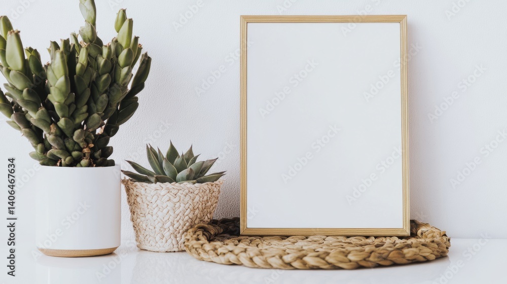 Poster a minimalist arrangement featuring potted plants and a blank picture frame on a textured mat, creati