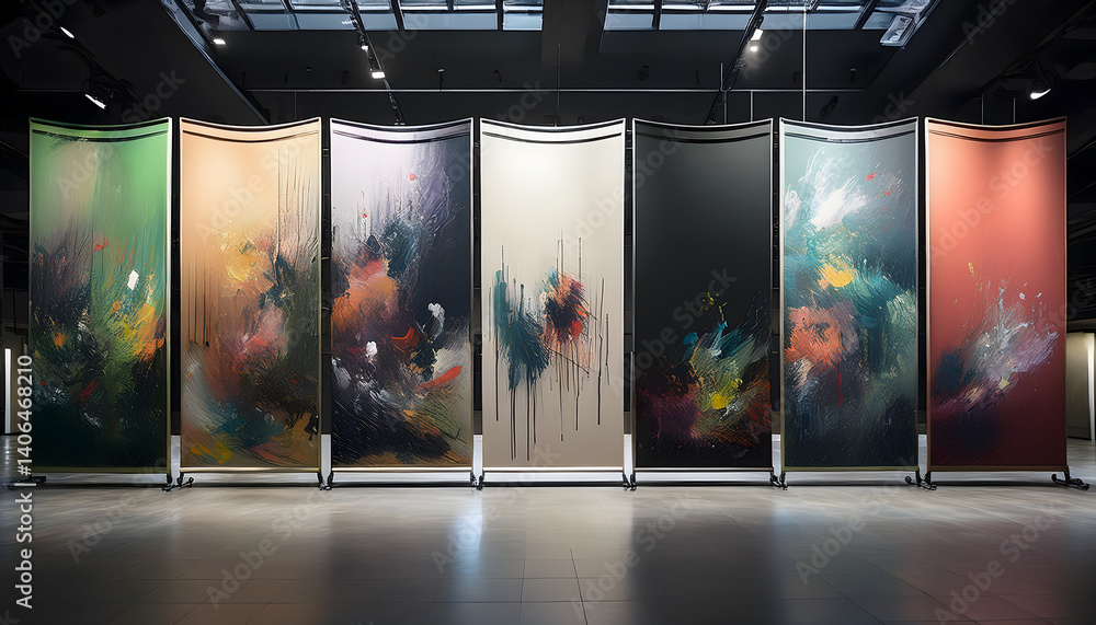 Poster artistic partition panels with colorful abstract designs in a modern space