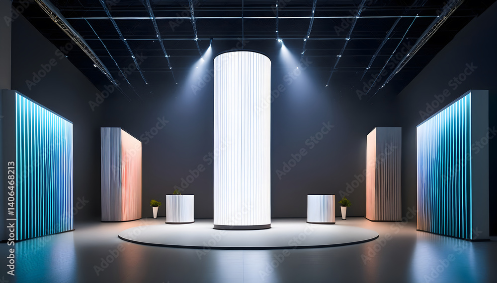 Aufkleber modern exhibition space with illuminated vertical panels and circular display