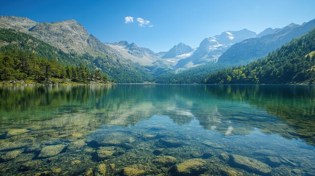 Pristine alpine lake reflecting majestic mountain and clear sky