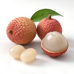 Lychee and Longan fruits, whole and peeled, hyper-realistic texture, detailed skin and juicy flesh, high-resolution studio lighting