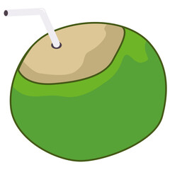 The green coconut fruit with drinking straw cartoon illustration
