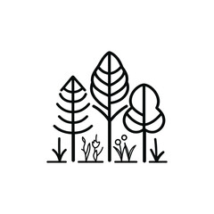 Forest Trees Line Art Outline with Flowers and Arrows on Transparent Background