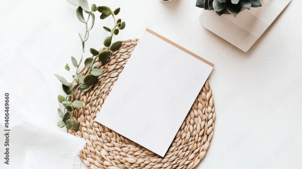 Poster a minimalist workspace featuring a blank notepad, greenery, and a woven mat, creating a calming atmo