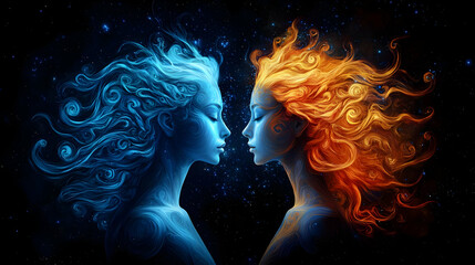 Ice And Fire Women Facing Each Other In Space
