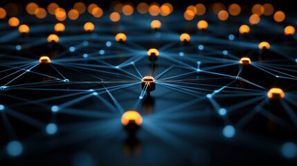 Network of interconnected nodes.  A complex, digital network of glowing orbs connected by lines.  Dark backdrop.  Abstract, futuristic, and complex systems concept
