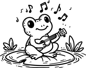 Frog Playing Ukulele. Coloring Book Page. Cartoon Illustration.