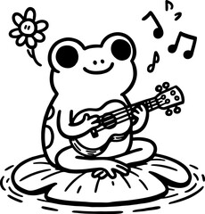 Frog Playing Ukulele. Coloring Book Page. Cartoon Illustration.
