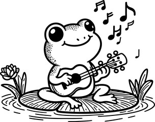 Frog Playing Ukulele. Coloring Book Page. Cartoon Illustration.
