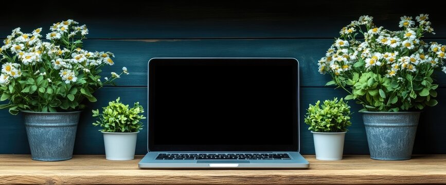 Laptop, green plants, daisies in pots arranged on wooden shelf against a blue painted plank backdrop - Powered by Adobe
