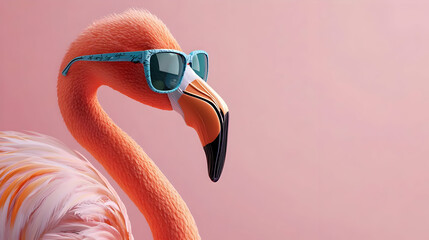 Stylish Flamingo with Turquoise Sunglasses Posing Against a Soft Pink Backdrop in a Close-Up Portrait