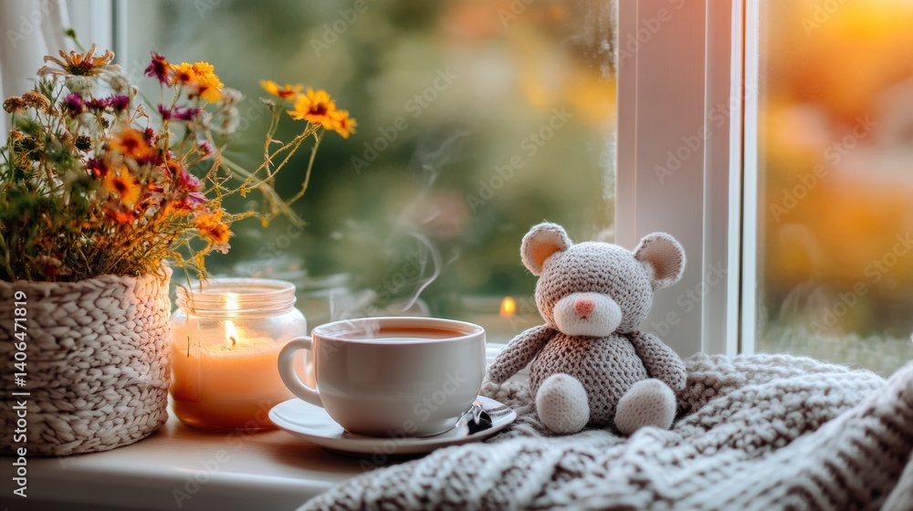 Leinwandbilder serene window sill with tea, candle, and a cozy mouse plushie creating a tranquil atmosphere