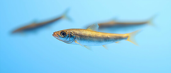 Small Gold And Blue Fish Swimming Underwater Against A Bright Blue Background With Other Fish Blurred In The Background