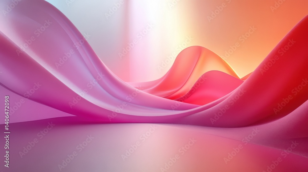 Poster a vibrant, flowing abstract design featuring soft waves in shades of pink and orange, creating a sen