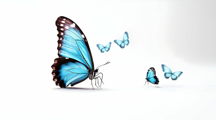 Large Pixelated Morpho Butterfly With Teal Blue Wings And Smaller Pixelated Butterflies On A Bright White Background