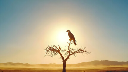 Silhouetted Bird Of Prey Perched On A Lone Desert Tree During Golden Hour Sunset With Hazy Dunes And Mountains