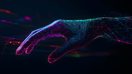 Digital Hand Reaching Forward Composed Of Glowing Pixels Against Dark Background