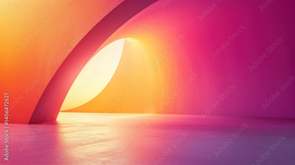 Poster a vibrant, abstract space featuring curved walls with warm hues, illuminated by soft light, creating