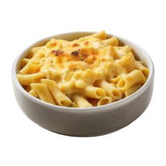Creamy Baked Macaroni and Cheese in a White Bowl with Golden Topping on transparent background