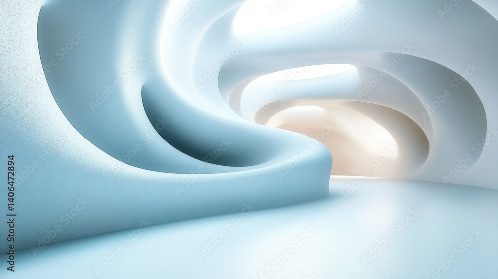 Poster a smooth, flowing interior space with soft curves and a light blue color palette, creating a futuris