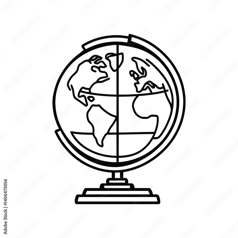 Poster globe line art isolated on transparent background world map icon black outline
