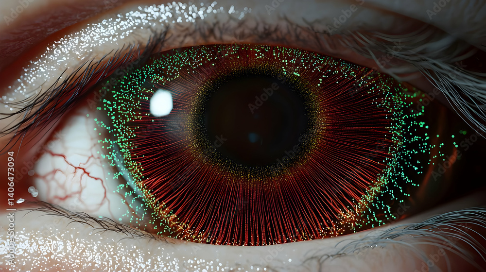 Poster close up of a human eye displaying a digital colorful pattern with red and green details