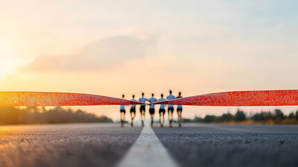 Group of Runners Crossing Red Finish Line on Asphalt Road Under Sunset Sky