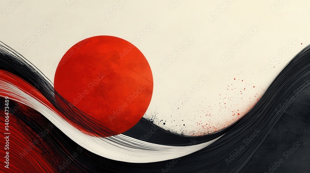 Poster a minimalist abstract design featuring a large red circle and flowing black and white waves against 