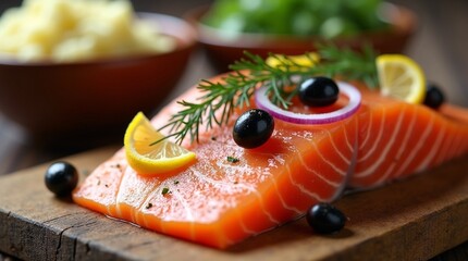 A close-up, high-resolution food photograph of a raw salmon fillet placed on a rustic wooden surface, garnished with fresh sprigs of dill, thin slices of red onion, curled lemon peels,