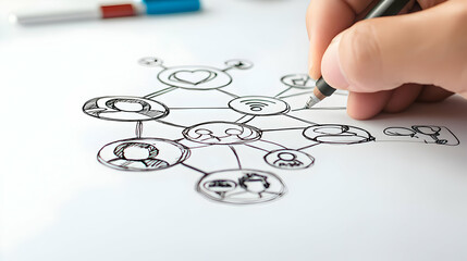 Close Up Of Hand Drawing A Network Diagram On White Paper With Pencil Visualizing Connections And Relationships Between People