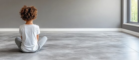 Young child sits cross-legged on gray floor, gazing at a window into the light-filled outdoors