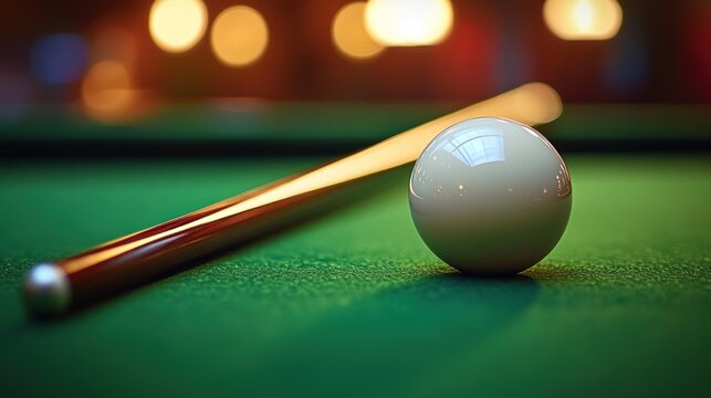 Pool cue and ball on green table