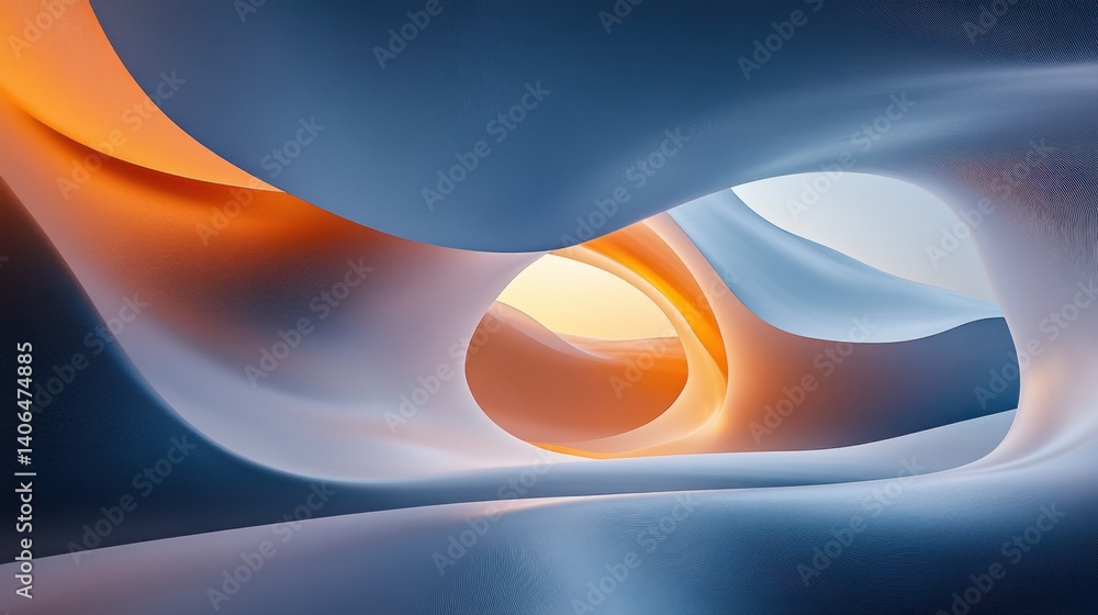 Poster an abstract image featuring flowing curves and gradients of blue and orange, creating a dynamic inte