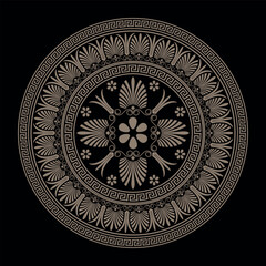 Beautiful gold round classical Greek ornament frame arabesque. Golden plate with large element in the center. Vintage vector frame with Greek meander arabesque. For textile, embroidery, porcelain. EPS