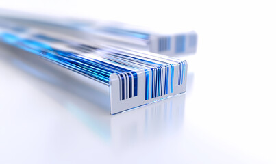 Blue barcode glass rods on white background; futuristic technology concept