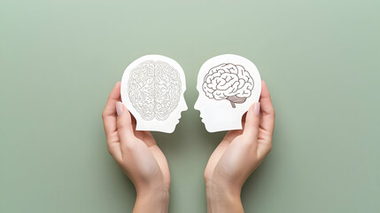 Human Hands Holding Two White Paper Brain Silhouettes on Green Background, Conceptual Mental Health and Cognition