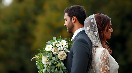 Elegant Bride And Groom Stand Back To Back Outdoors With Green Blurred Foliage And White Rose Bouquet Wedding Photography