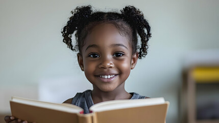 Portrait Of A Smiling Young African American Girl Reading A Book Indoors With Natural Lighting