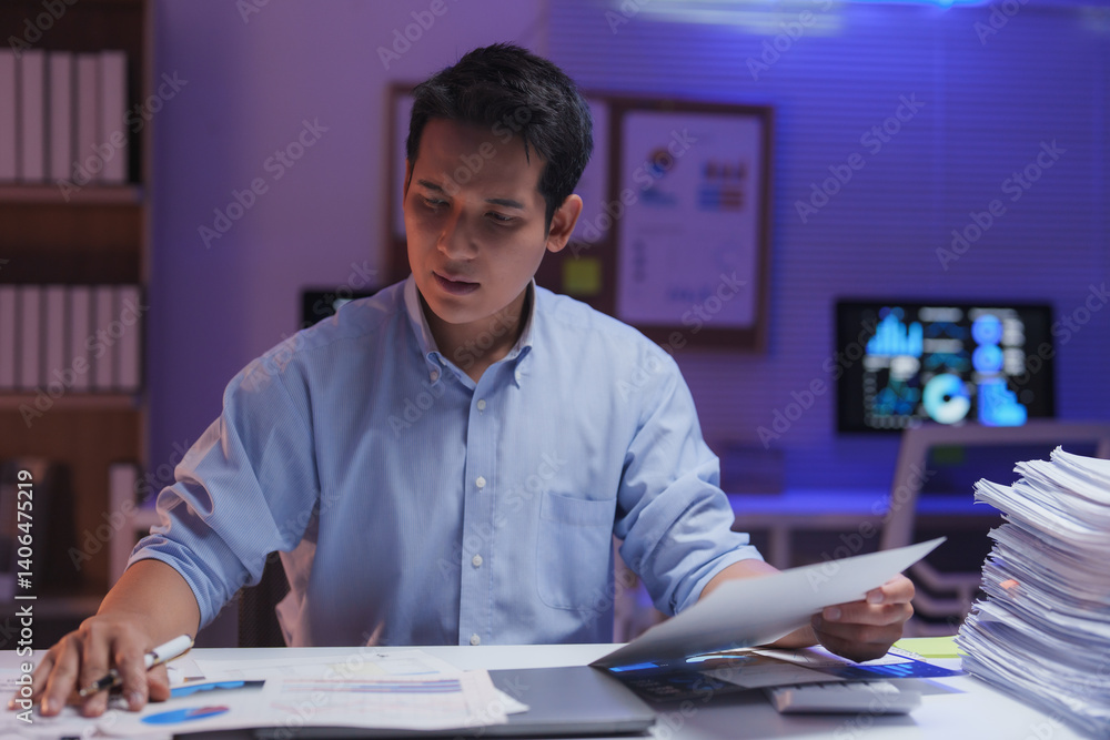 Poster young businessman reviewing financial reports while working late in a modern office, with a computer