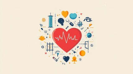 A colorful illustration featuring a central heart with a heartbeat line, surrounded by medical symbols, planets, and abstract shapes.