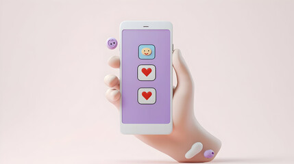 3D Rendered Hand Holding Phone Displaying Social Media Likes And Emojis With Pastel Pink Background