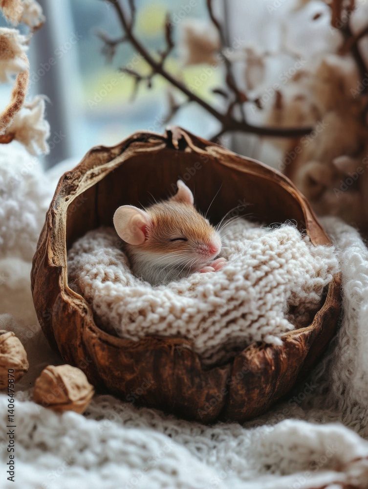 Poster Tiny mouse peacefully sleeping in a walnut shell bed surrounded by cozy blankets in a whimsical fairy tale setting